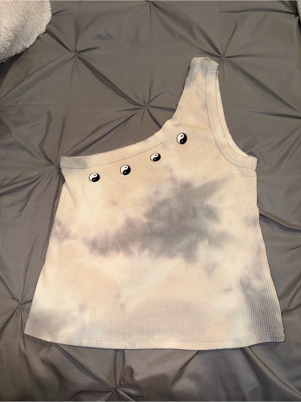 One-Shoulder Tie-Dye Ribbed Tank Top - White/Gray